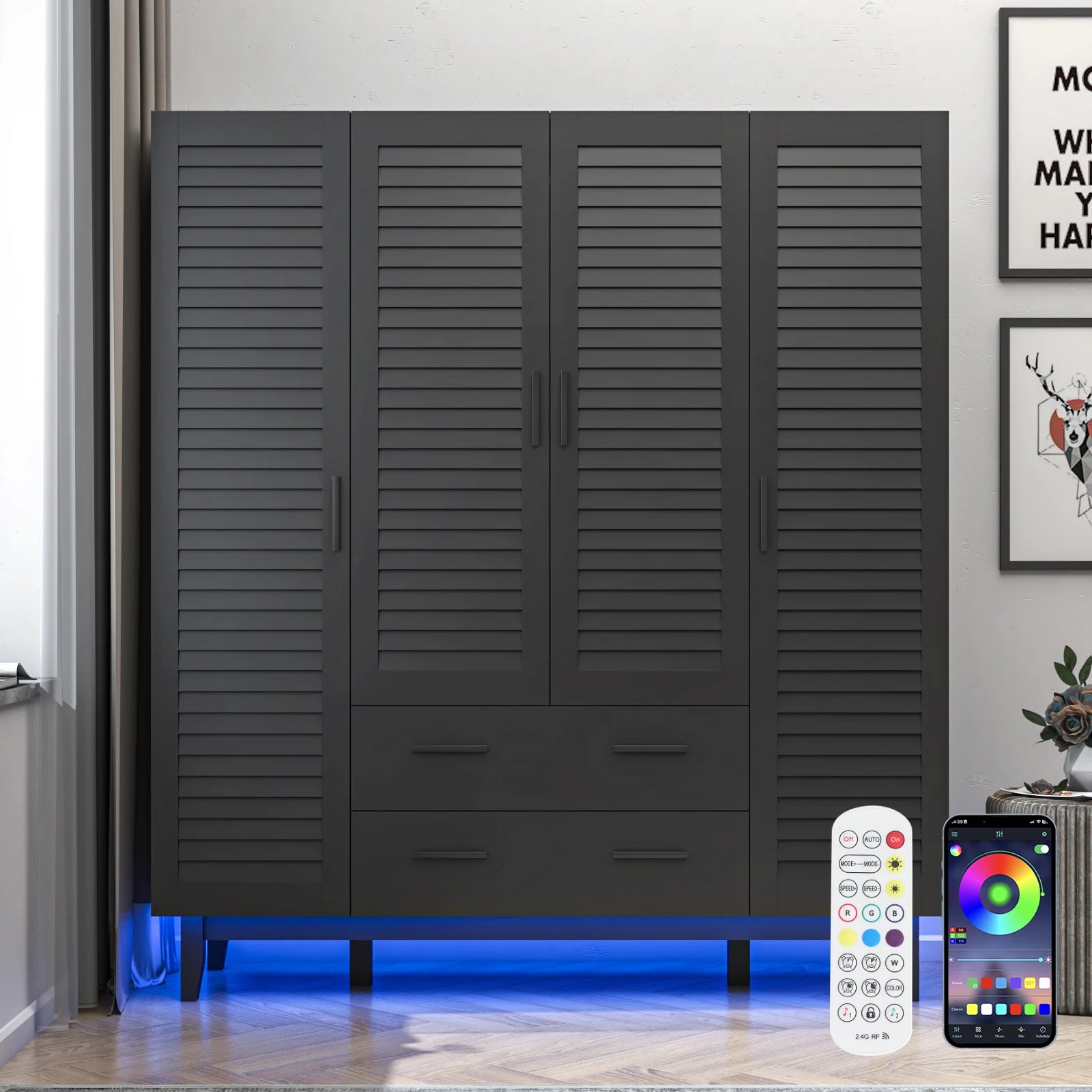 Large Capacity Storage Wardrobe Armoire for Bedroom, 4 Door LED Wardrobe with Drawers, Hanging Rod, 4 Louver Doors, Black