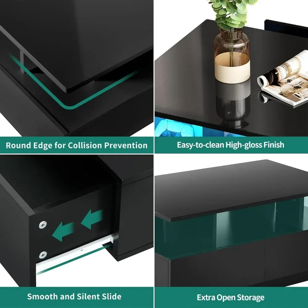 Coffee Table High Glossy for Living Room Black Small Center Table with Open Display Shelf & Sliding Drawers LED Coffee Tables