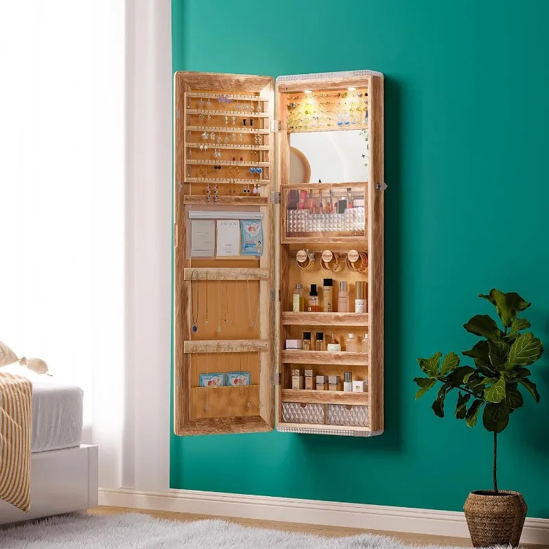 LED Mirror Jewelry Cabinet with RGB Lights,47.2" Wall Mounted Jewelry Organizer with Full-Length Mirror,Over the Door Hanging