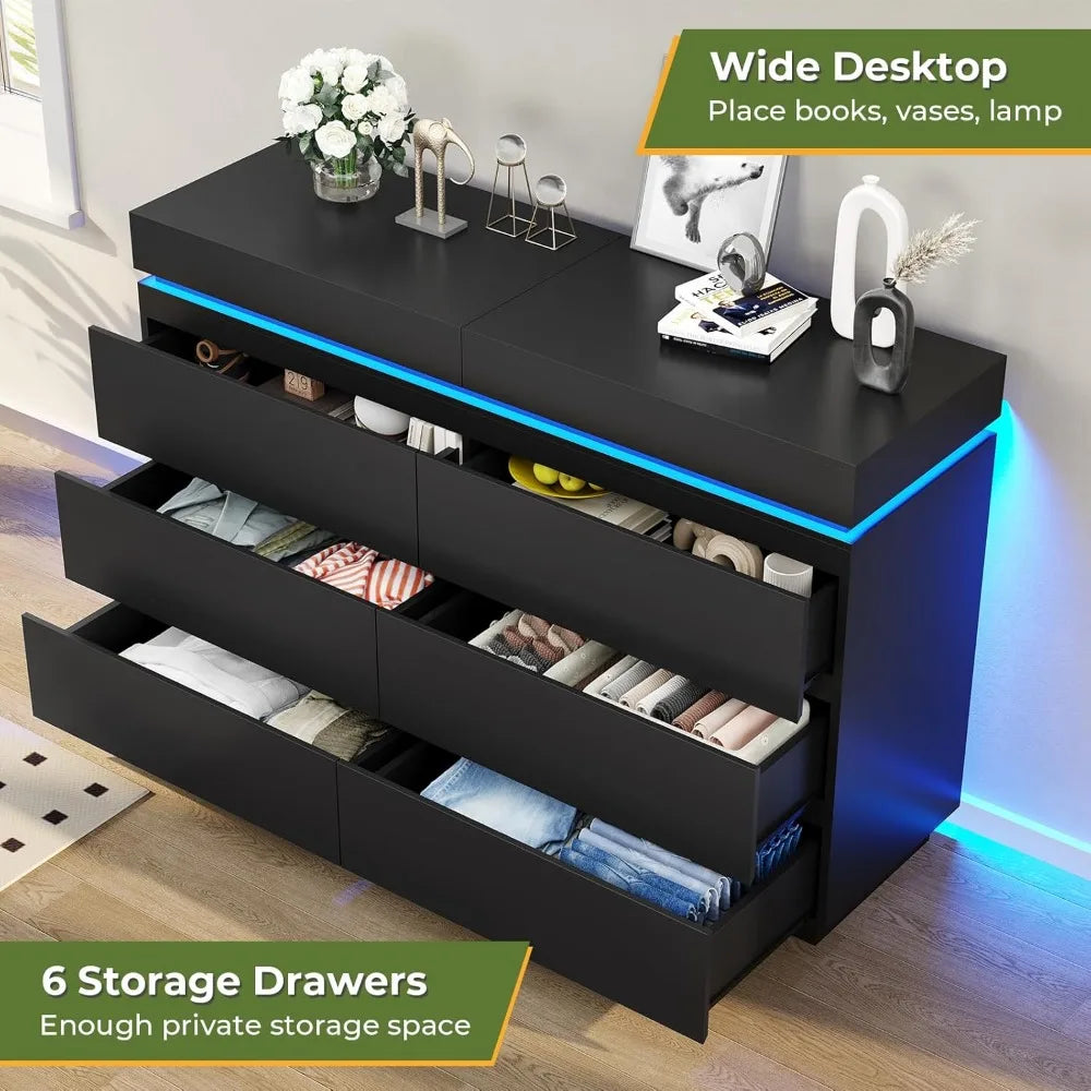 6-Drawer Vanity, Sliding Tabletop, Wide Chest of Drawers with Charging Station and LED Lights, Large Cabinet for Clothes Storage