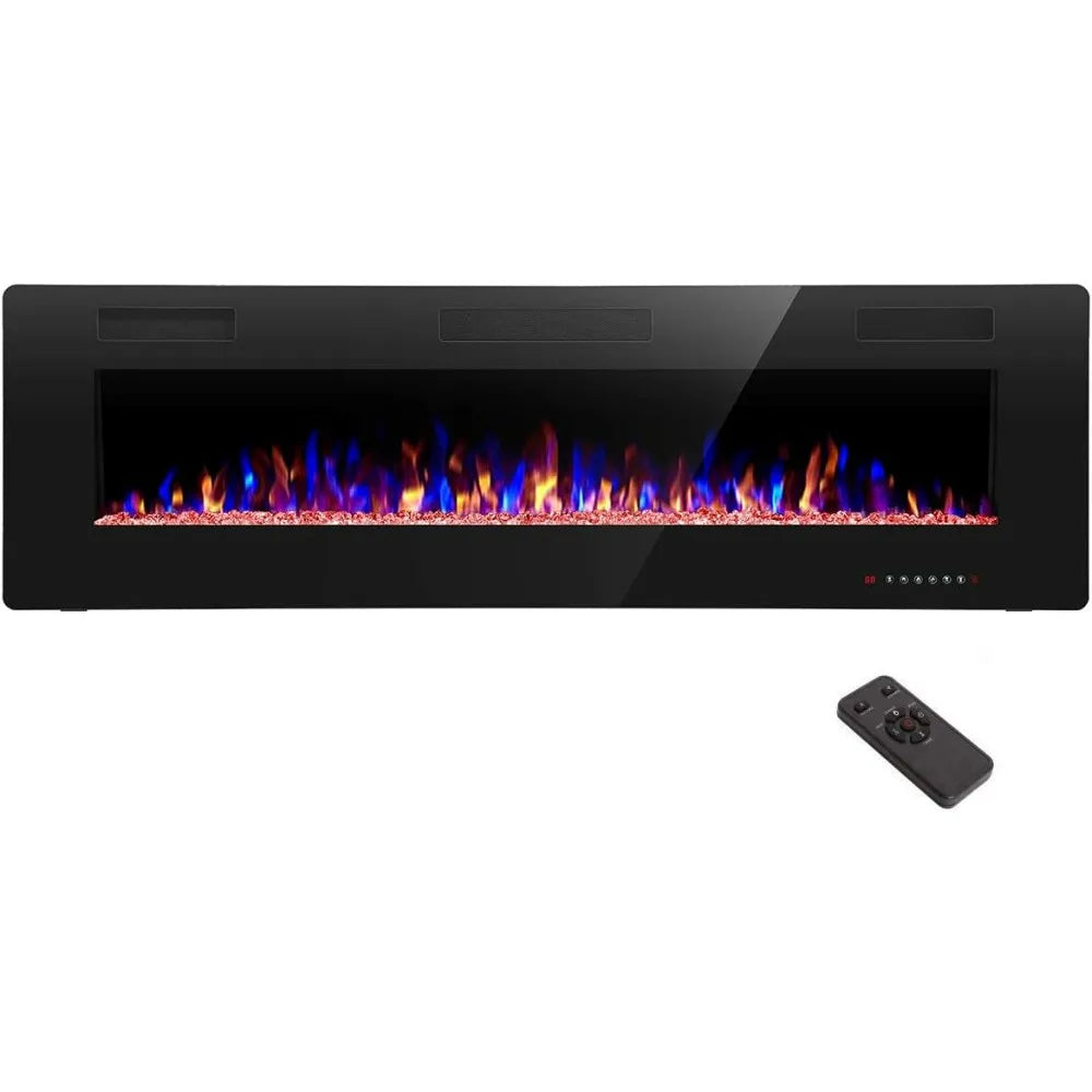 60" Recessed and Wall Mounted Electric Fireplace, Low Noise, Remote Control with Timer, Touch Screen, Adjustable Color