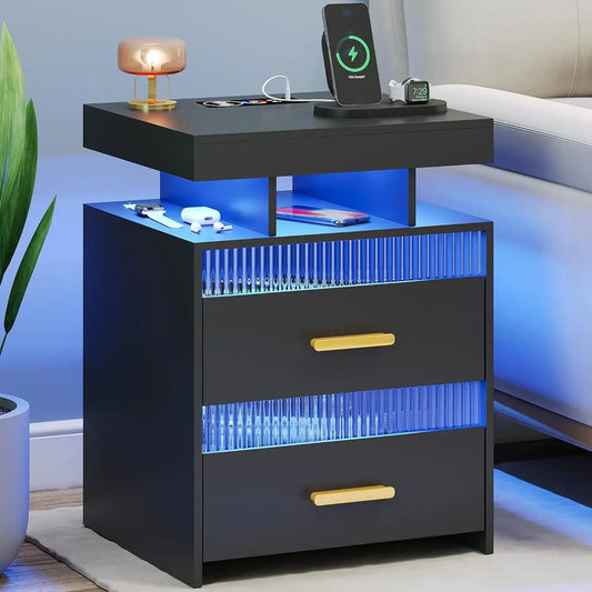 With Charging Station: All in One Nightstand with Drawers Bedside Table with LED Light & Human Sensor Design Modern End Table