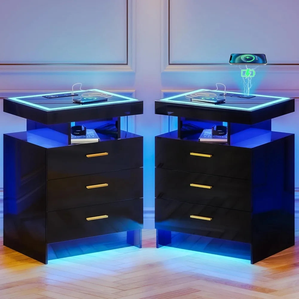 LED Nightstand with Wireless Charging Station with 3 Drawers & 3 Open Compartments, Nightstand