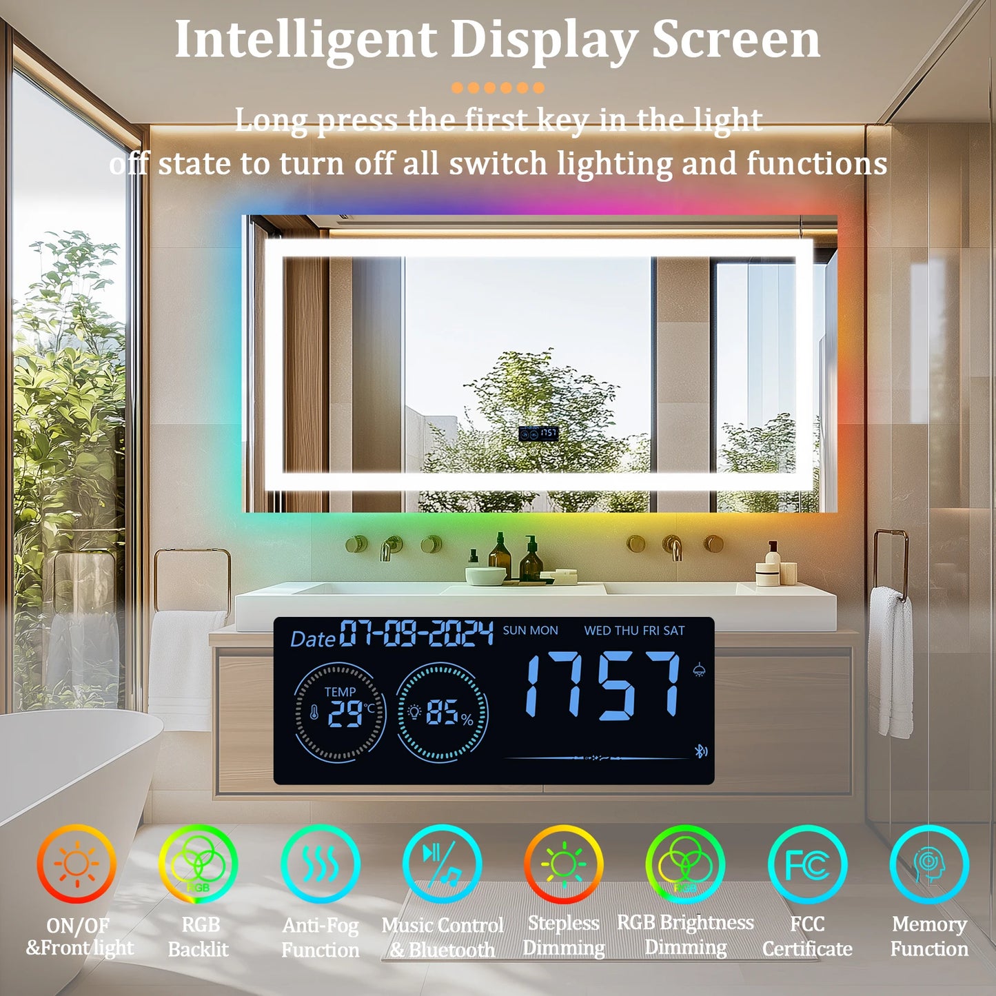 120/140Cm Rectangular LED Bathroom Mirror Front-Lit and RGB Backlight Antifog Vanity Mirror with Date & Time Bluetooth Speaker