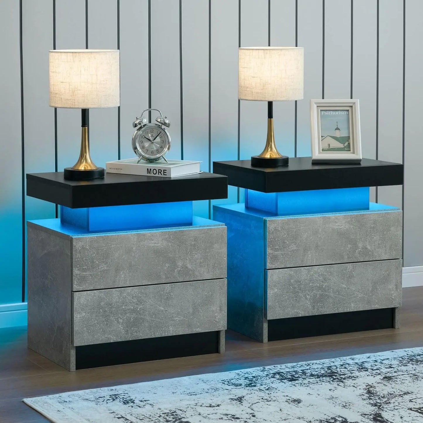Nightstand Set of 2 LED Nightstand with 2 Drawers, Bedside Table with Drawers for Bedroom Furniture, Side Bed Table