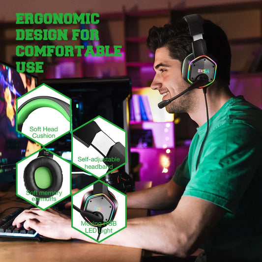 Gaming Headphones for PC/PS4/PS5  E1000 7.1 Surround RGB Gaming Headset Gamer USB Wired Headphones with Noise Cancelling Mic