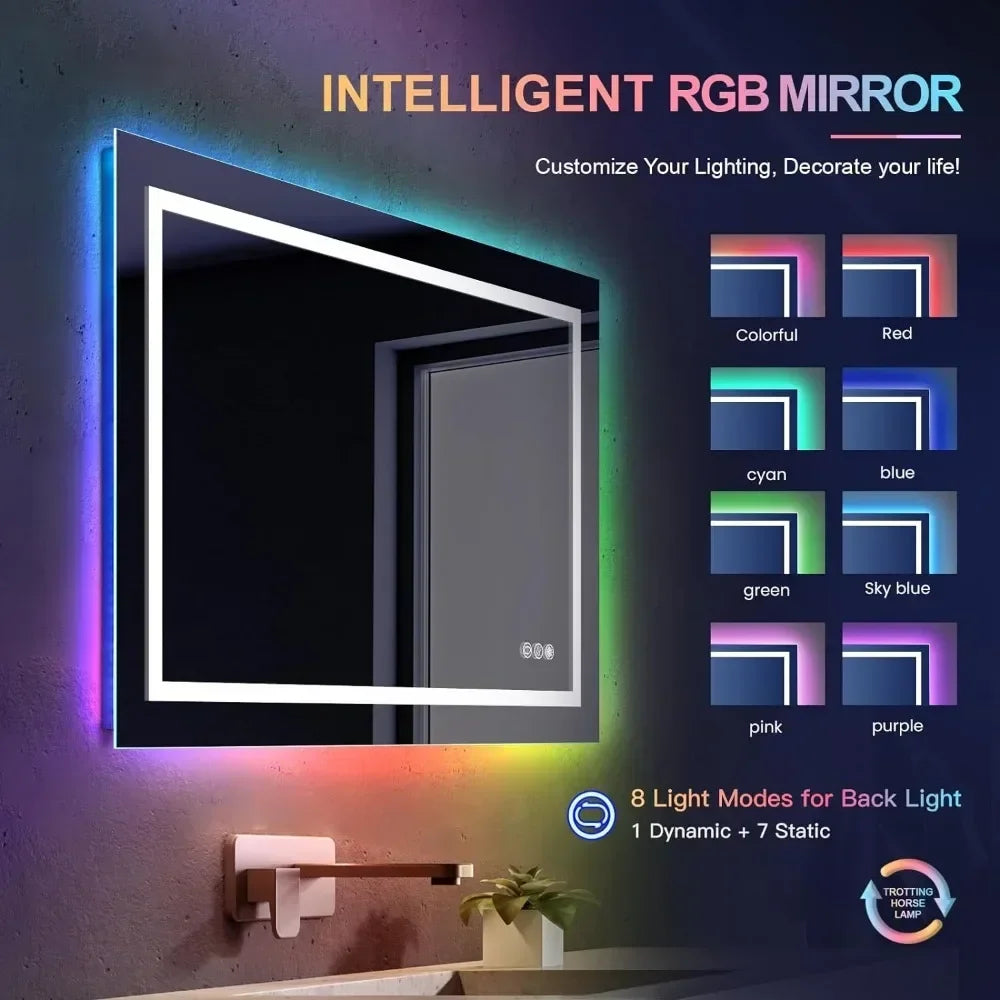 Wall Mounted Bathroom Vanity Mirror RGB LED Bathroom Mirror with Light Anti-Fog Dimmable Memory Makeup Mirrors Backlight