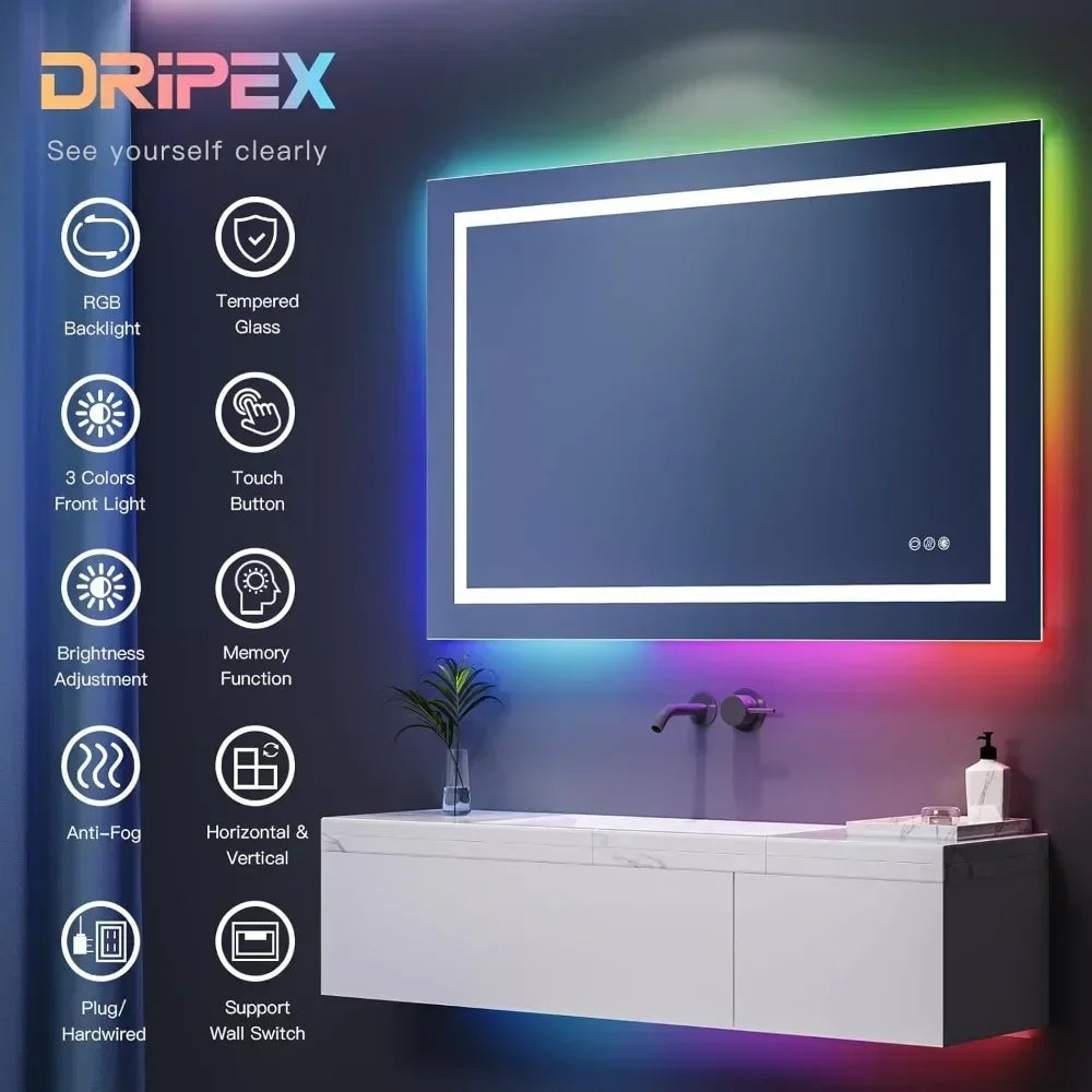 Wall Mounted Bathroom Vanity Mirror RGB LED Bathroom Mirror with Light Anti-Fog Dimmable Memory Makeup Mirrors Backlight