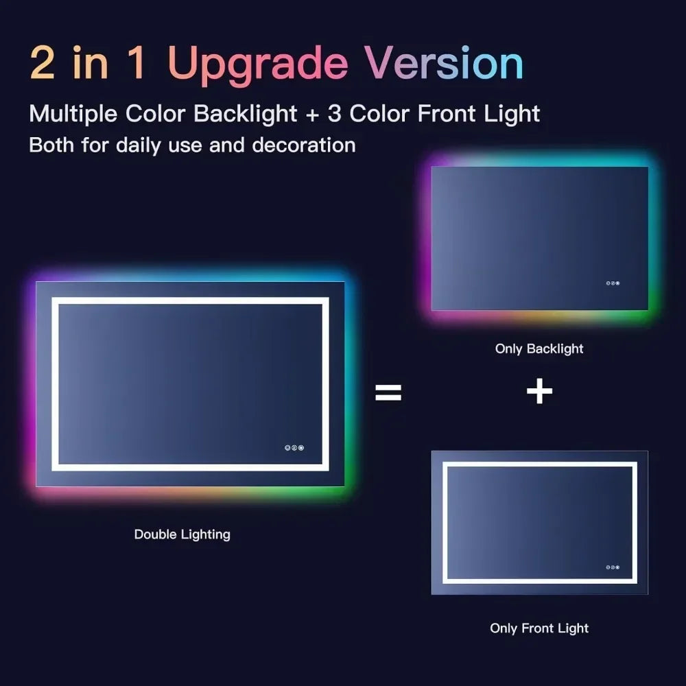 Wall Mounted Bathroom Vanity Mirror RGB LED Bathroom Mirror with Light Anti-Fog Dimmable Memory Makeup Mirrors Backlight