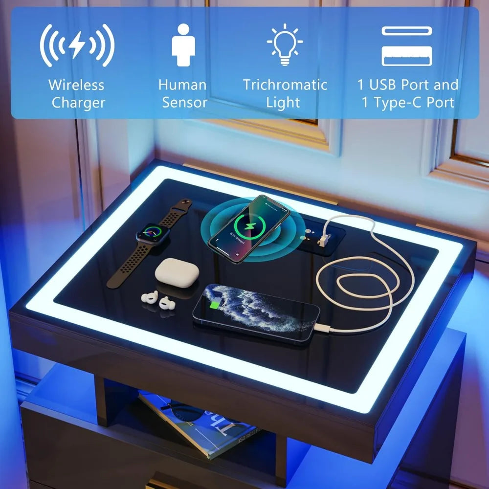 LED Nightstand with Wireless Charging Station with 3 Drawers & 3 Open Compartments, Nightstand
