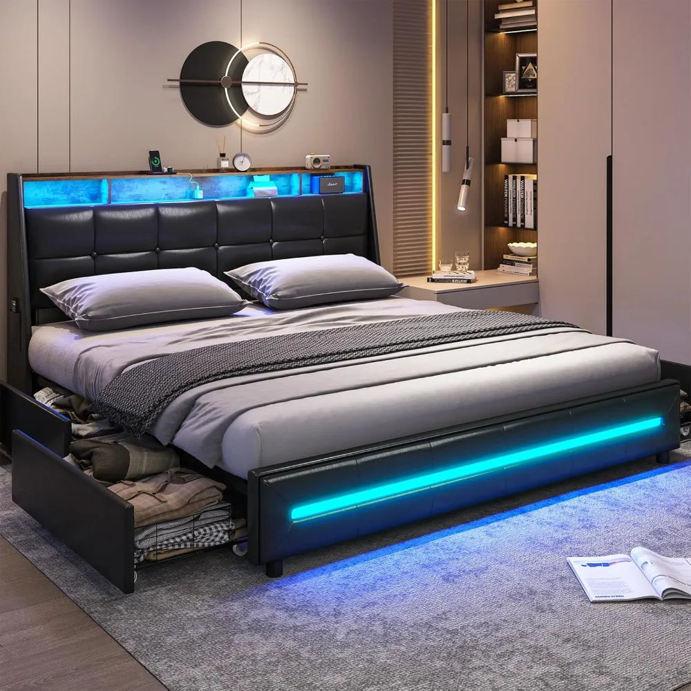 King Size Bed Frame W 4 Storage Drawers,Charging Station and LED Lights,Upholstered Bed Frame W Button Tufted Wingback Headboard