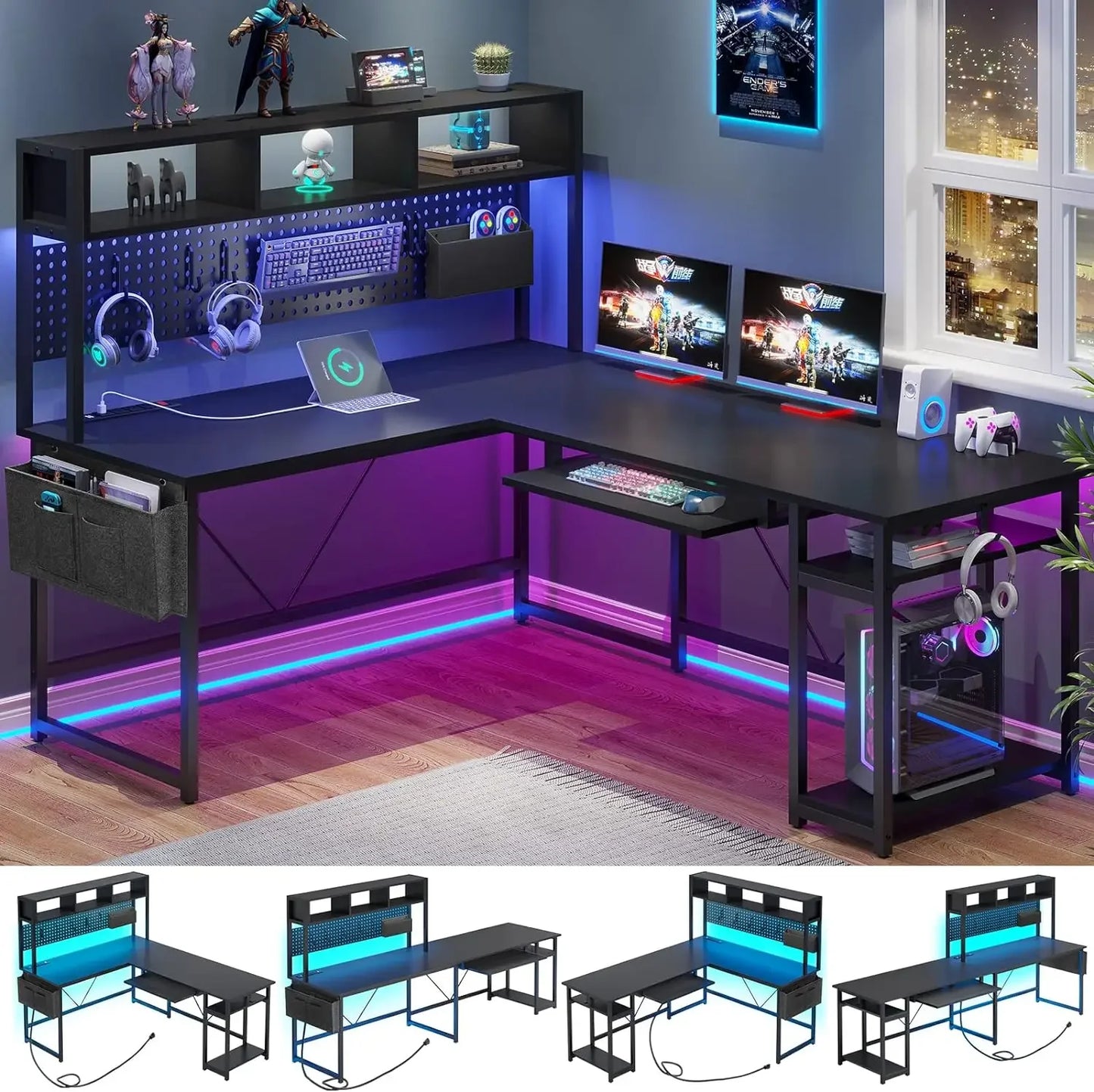 L-Shaped Game Table, Reversible Computer Desk with Power Socket and Pin Board, LED Light, Keyboard Tray for Home Office, Black