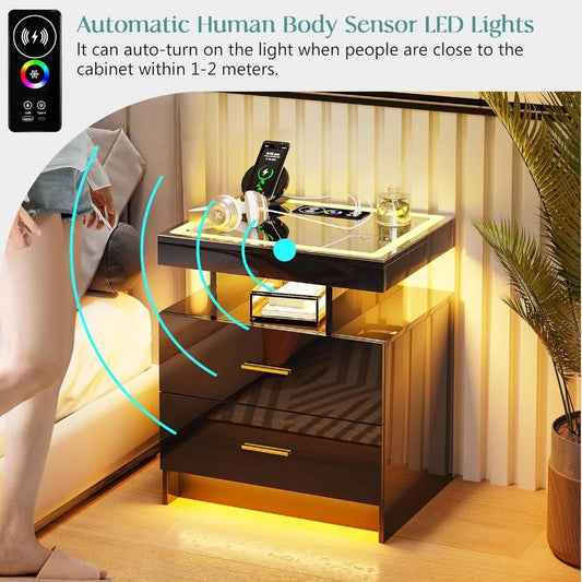 LED Nightstand Set of 2 with Wireless Charging & USB Ports, Dazzling Light, Glass Light Strip Panel, Smart RGB LED Nightstand