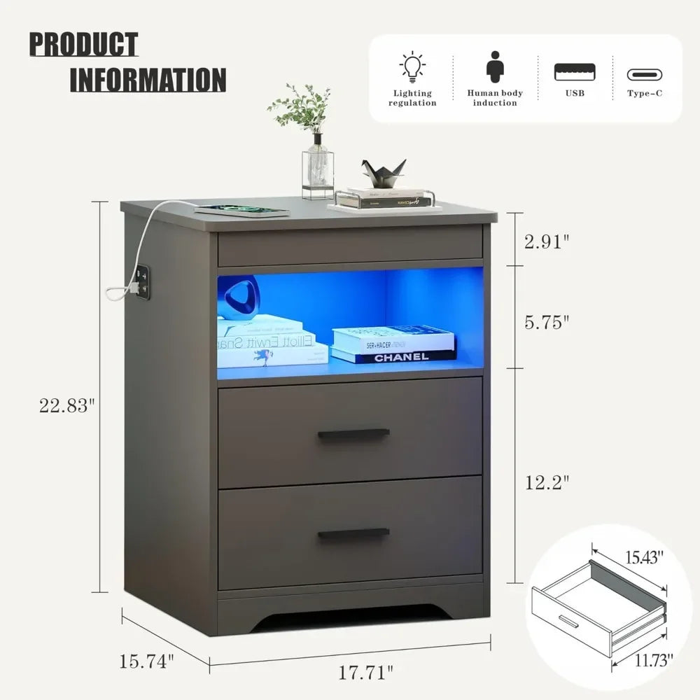 Nightstand with Gun Drawer, Charging Bedside Table with USB & Type-C Port, LED Night Stand with Human Sensor , Modern End Table