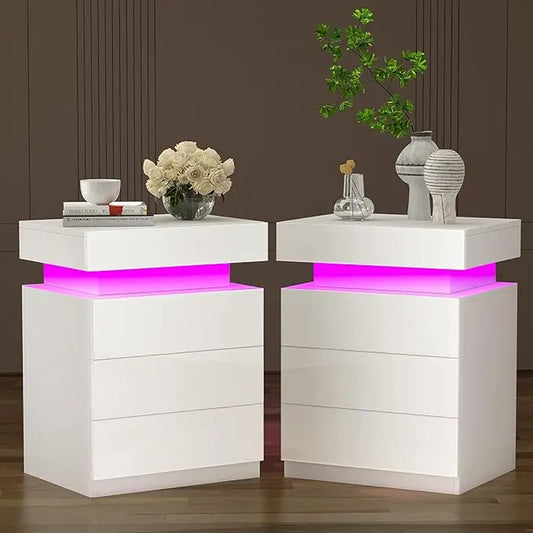 LED Nightstand Set of 2 with 3 Drawers, I Flapping Top Box for Bedroom, Living Room, High Gloss Panel Modern LED Nightstand