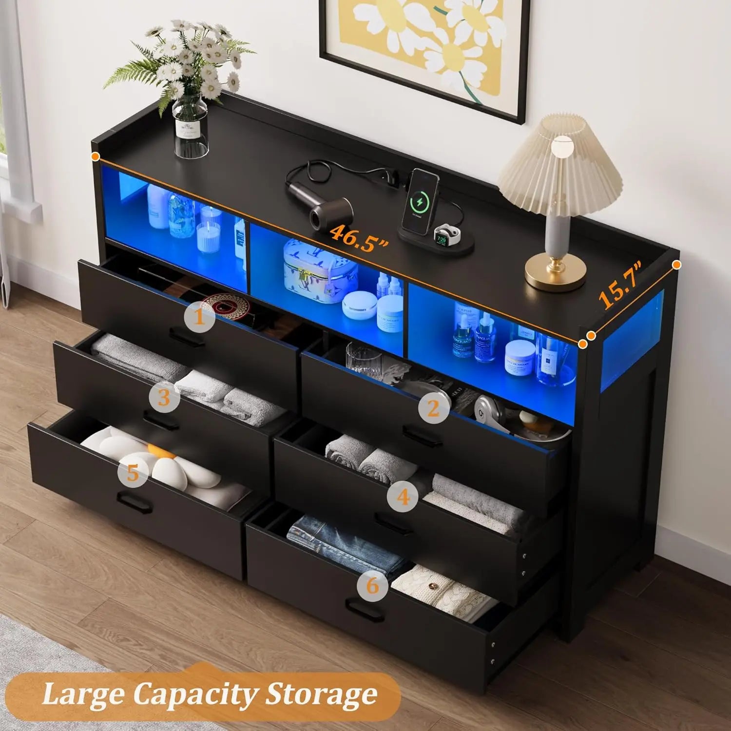 6 Drawer Dressers & Chests of Drawers with Power Strip, Modern Dressers Wooden Storage Cabinet for Adults