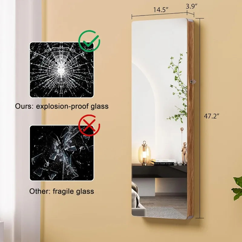 LED Mirror Jewelry Cabinet with RGB Lights,47.2" Wall Mounted Jewelry Organizer with Full-Length Mirror,Over the Door Hanging