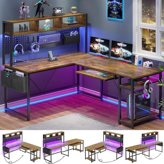 L-Shaped Game Table, Reversible Computer Desk with Power Socket and Pin Board, LED Light, Keyboard Tray for Home Office, Black