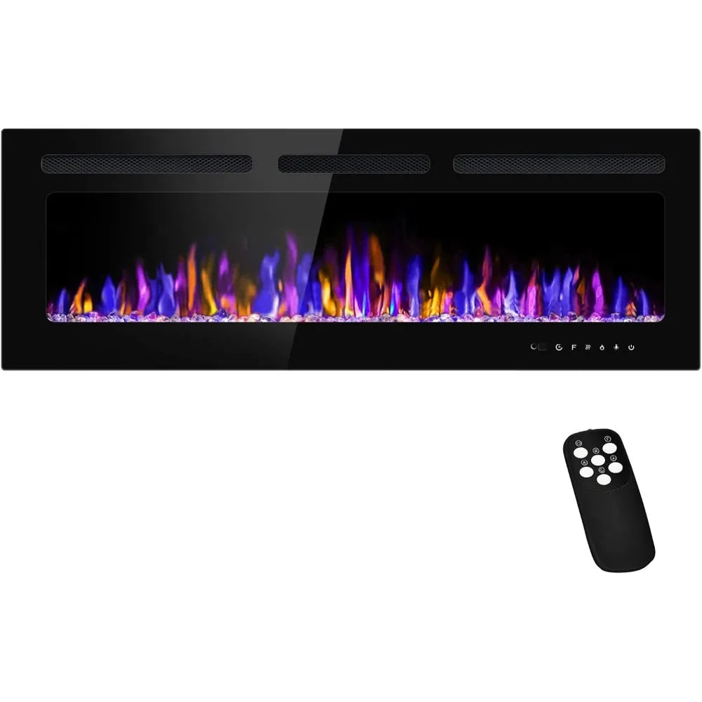 50" Electric Fireplace Wall Mounted and Recessed with Remote Control, 750/1500W Ultra-Thin Wall Fireplace Heater W/Timer