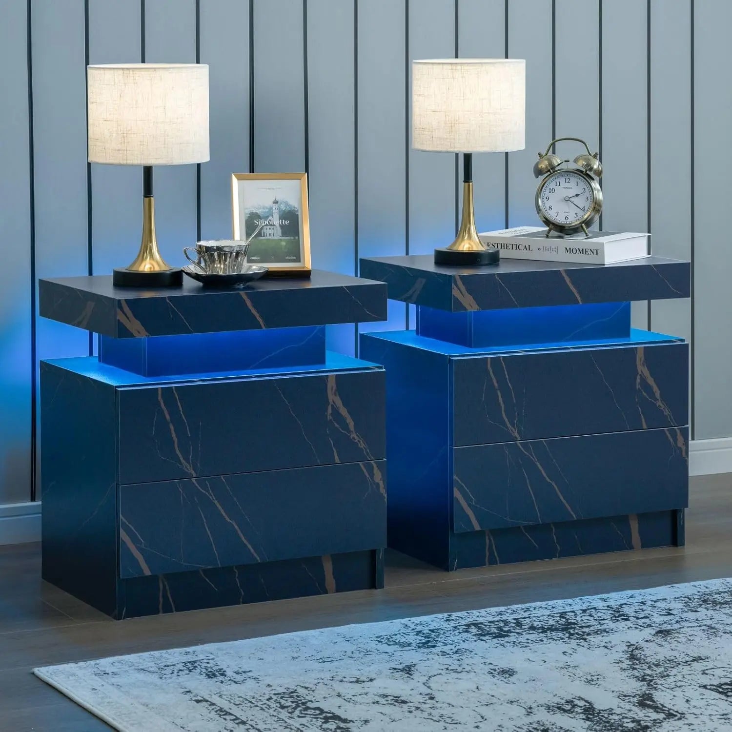 Nightstand Set of 2 LED Nightstand with 2 Drawers, Bedside Table with Drawers for Bedroom Furniture, Side Bed Table