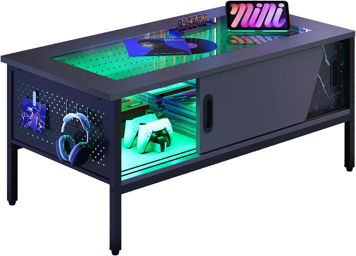 42 Inch LED Table with Storage Glass Coffee Tables for Living Room with Sliding Doors, Black Living Room Center Table