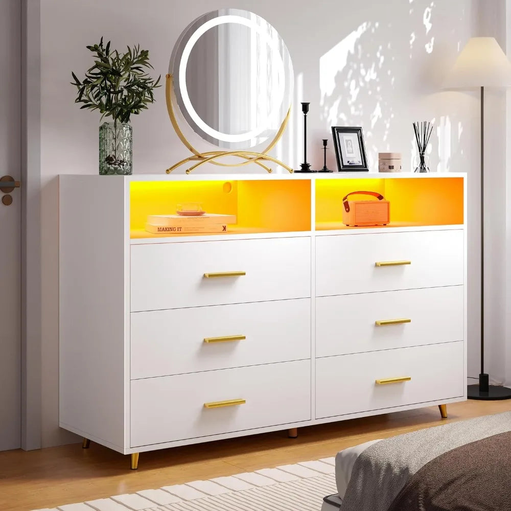 Dresser for Bedroom Black Dresser with LED 6 Drawers Dresser with Large Organizer Wood Dressers & Chests of Drawers