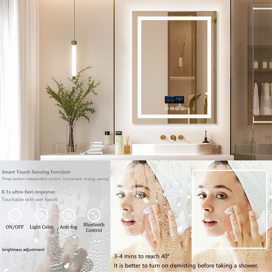 Bluetooth Bathroom Mirror Time Temperature Display Wall Hang Vanity Mirror with Bluetooth Speaker Dimmable Anti-Fog