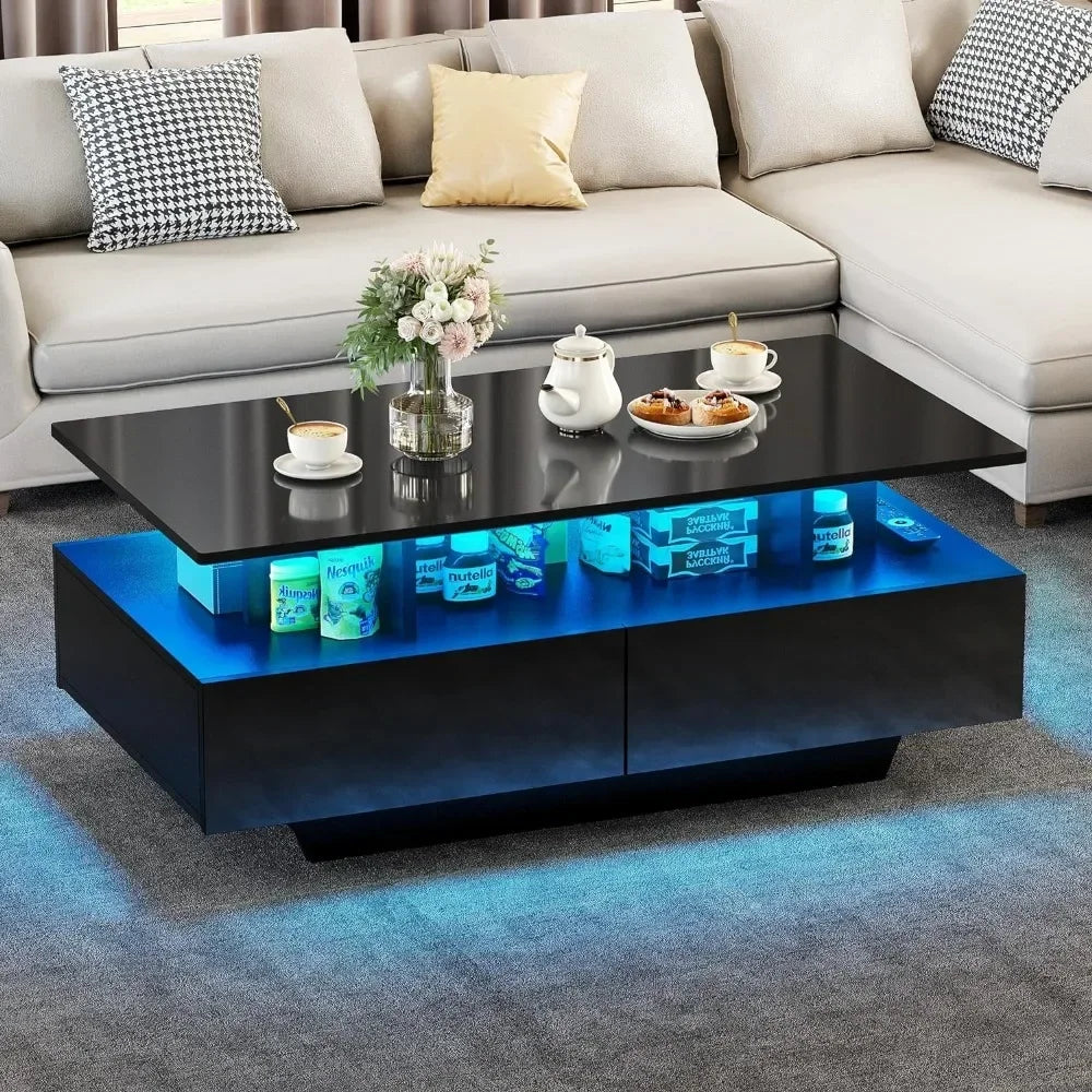 Coffee Table High Glossy for Living Room Black Small Center Table with Open Display Shelf & Sliding Drawers LED Coffee Tables