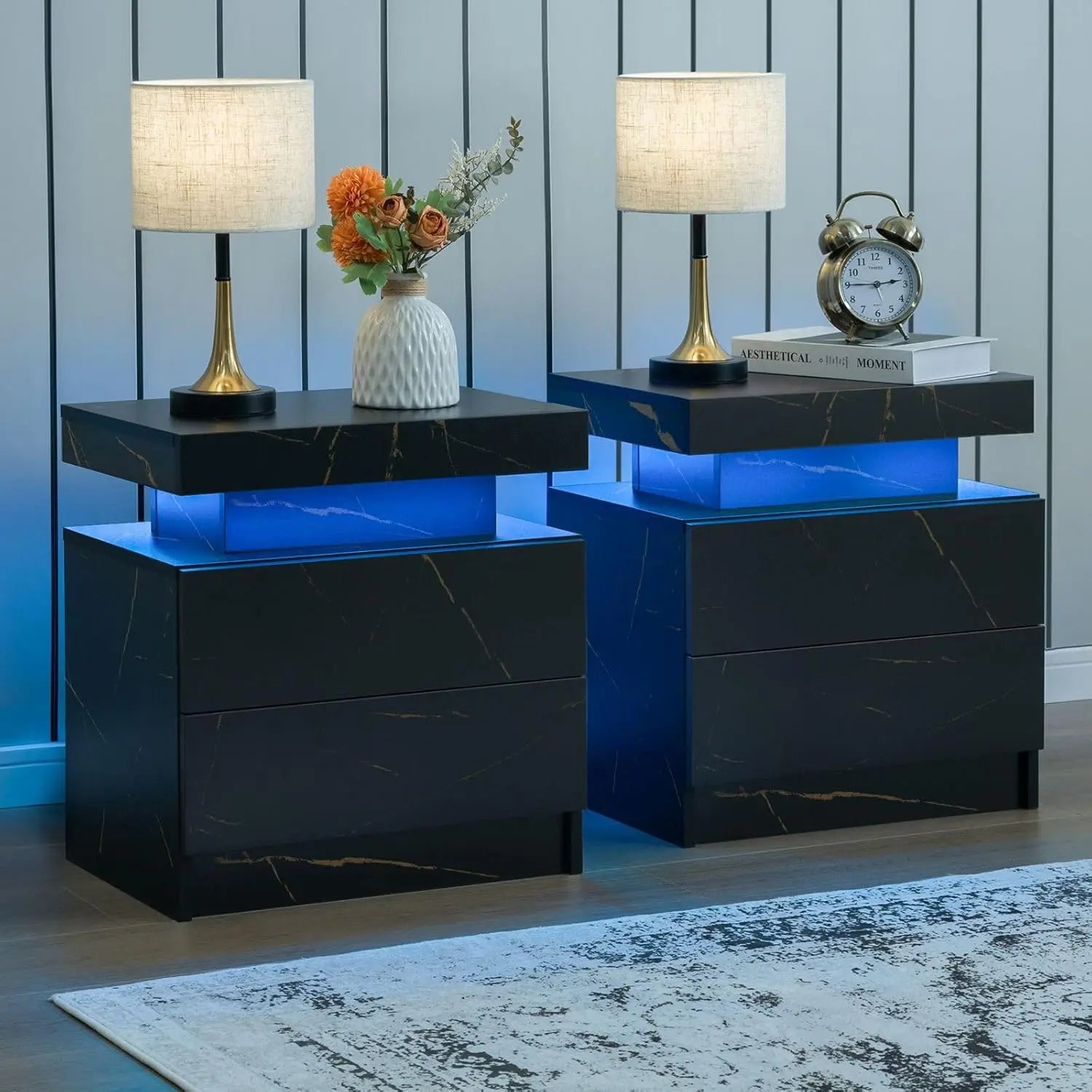 Nightstand Set of 2 LED Nightstand with 2 Drawers, Bedside Table with Drawers for Bedroom Furniture, Side Bed Table