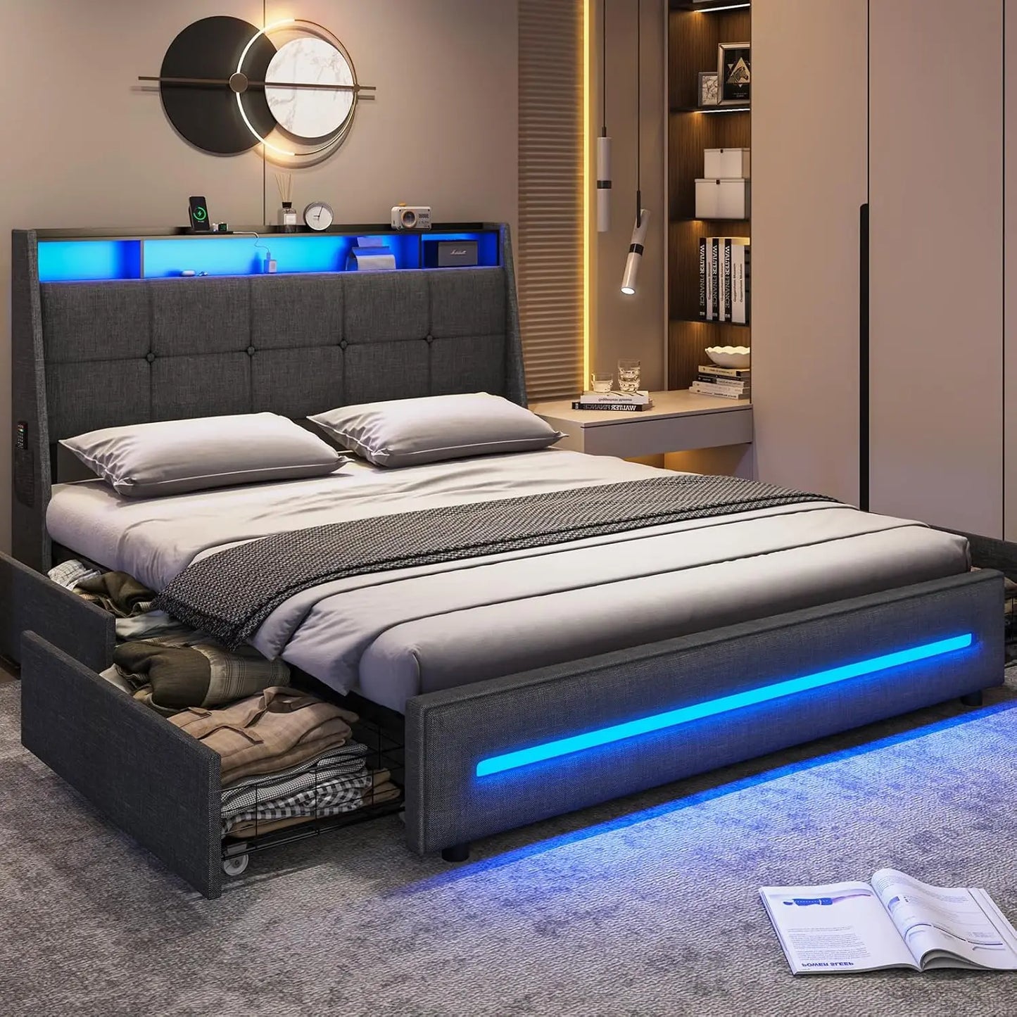 King Size Bed Frame W 4 Storage Drawers,Charging Station and LED Lights,Upholstered Bed Frame W Button Tufted Wingback Headboard