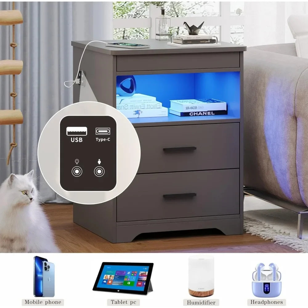 Nightstand with Gun Drawer, Charging Bedside Table with USB & Type-C Port, LED Night Stand with Human Sensor , Modern End Table