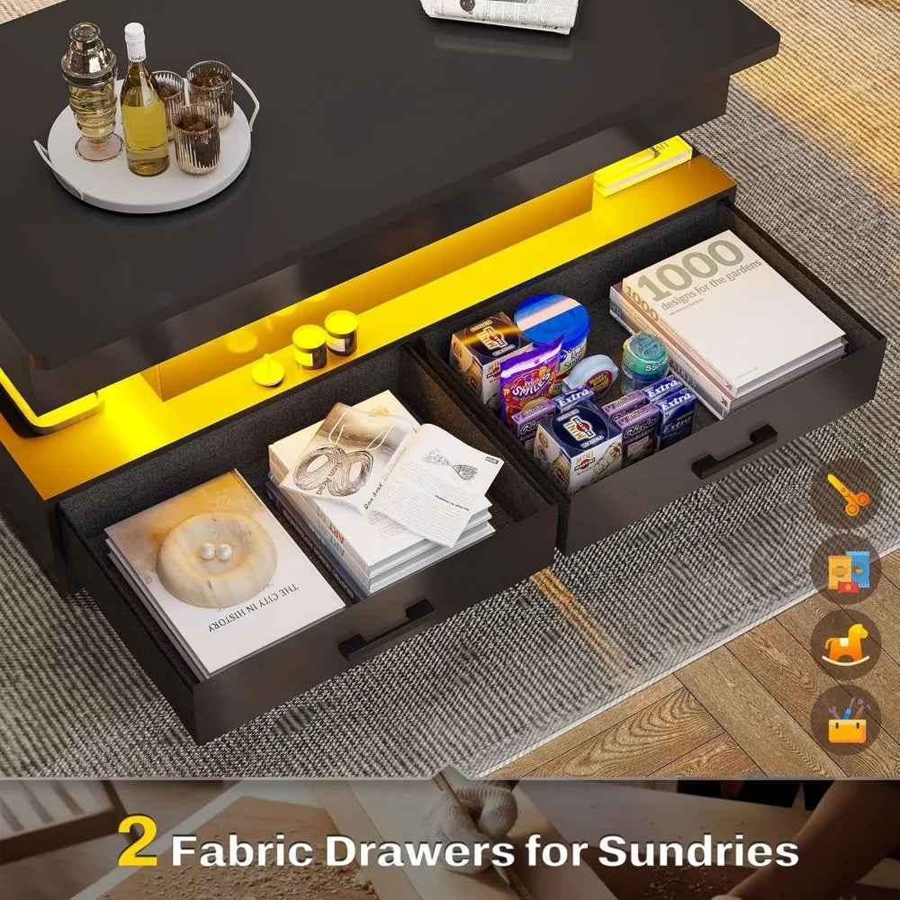 Lift Top Coffee Table, Coffee Tables with Storage for Living Room, Small Coffee Table with 2 Fabric Drawers & LED Light