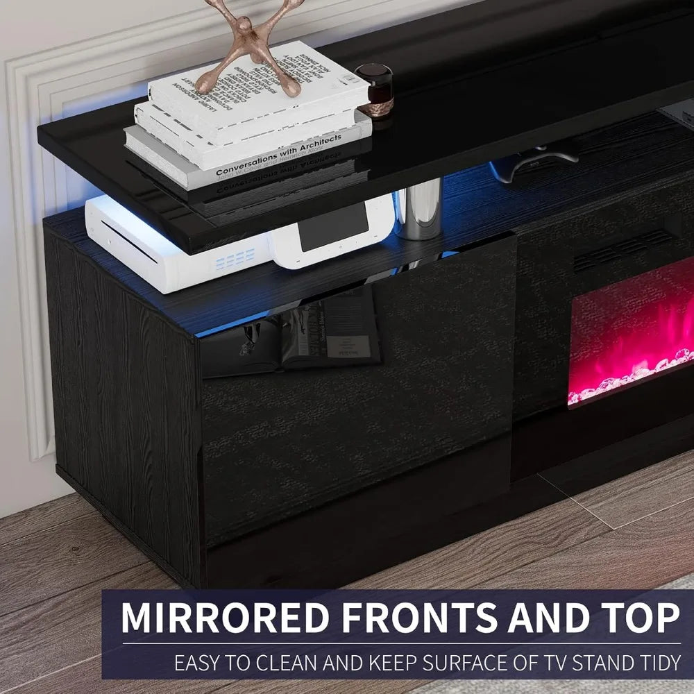 TV Stand, 80" High Gloss Media Console with 40" Electric Fireplace W/Led Lights, Open Storage Entertainment Center Holds 90" TV