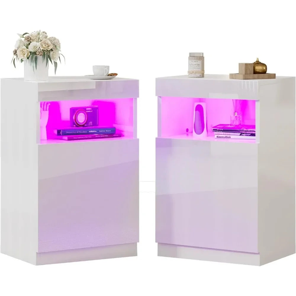 Modern Nightstand Set of 2, LED Nightstand with Wireless Charging Station, Bedside Table Cabinet ，24.4" Bedroom Furniture