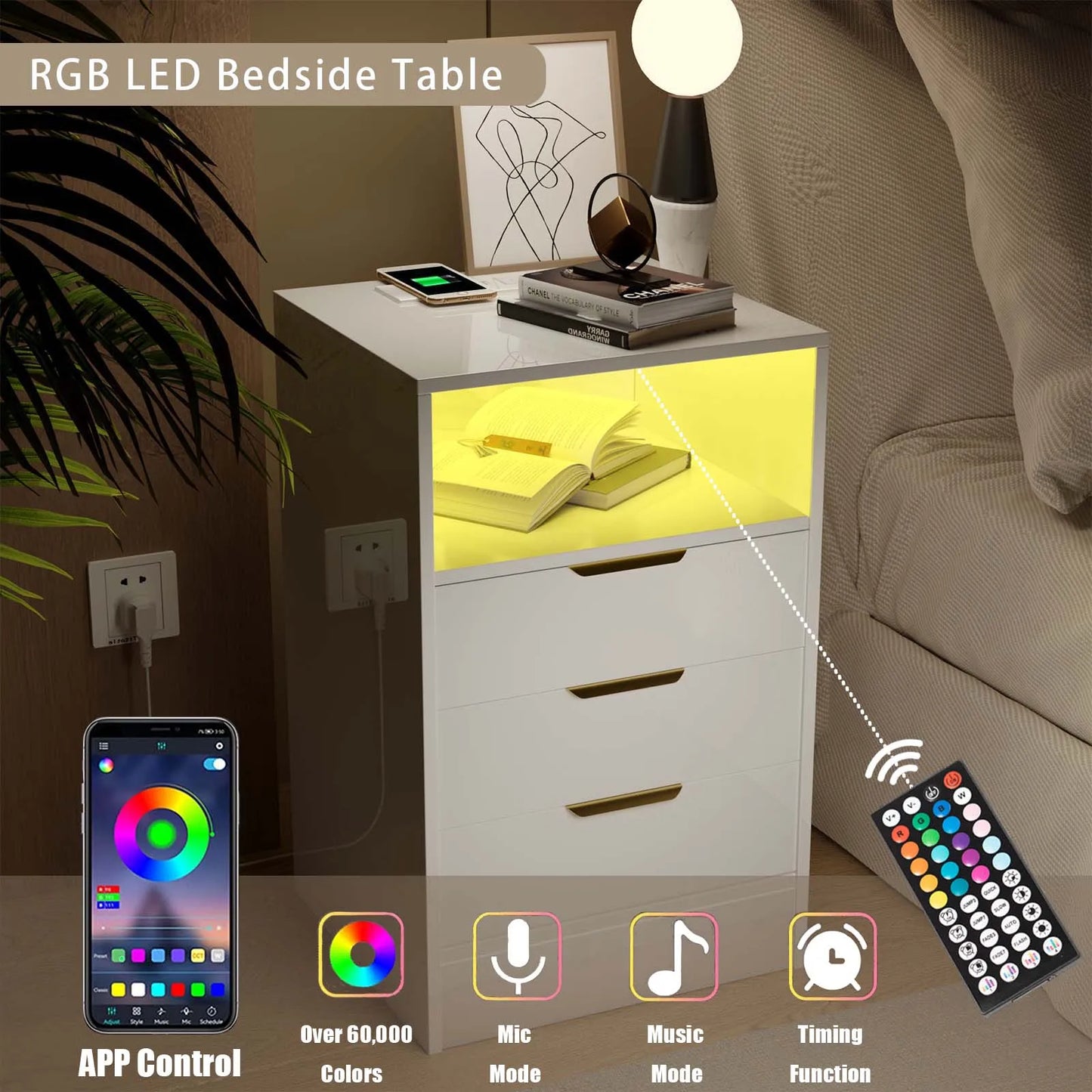 2PCS LED Nightstands Set High Gloss Bedside Table with Wireless Charging Station, Modern End Table with 3 Drawers