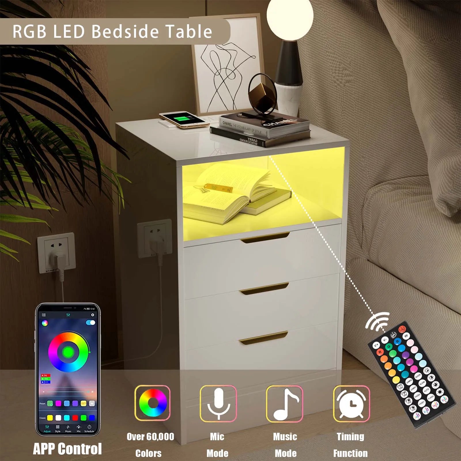 2PCS LED Nightstands Set High Gloss Bedside Table with Wireless Charging Station, Modern End Table with 3 Drawers