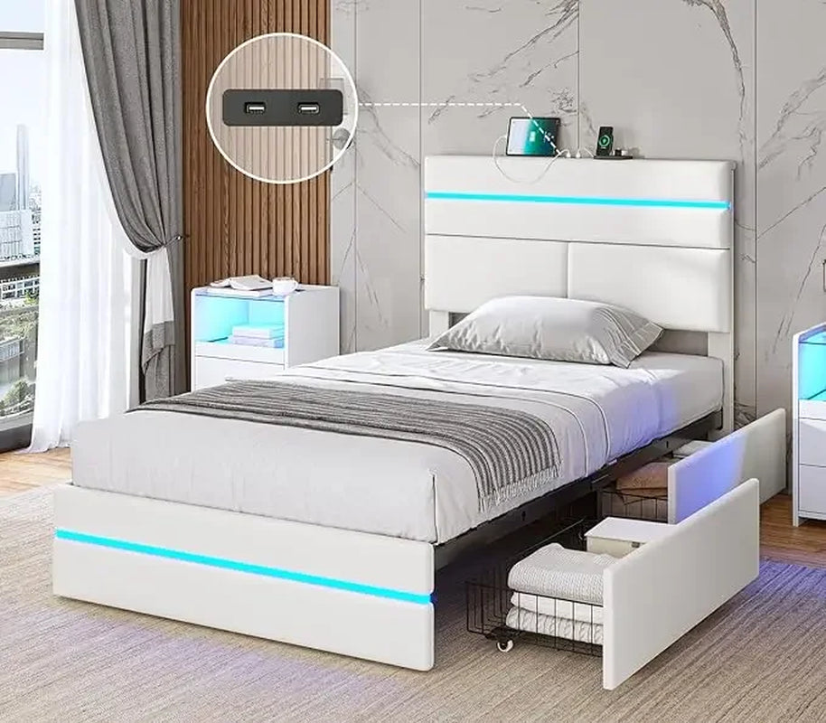 Twin Size Bed Frame with 4 Storage Drawers & Headboard, Charging Station, Led Upholstered Bed Frame