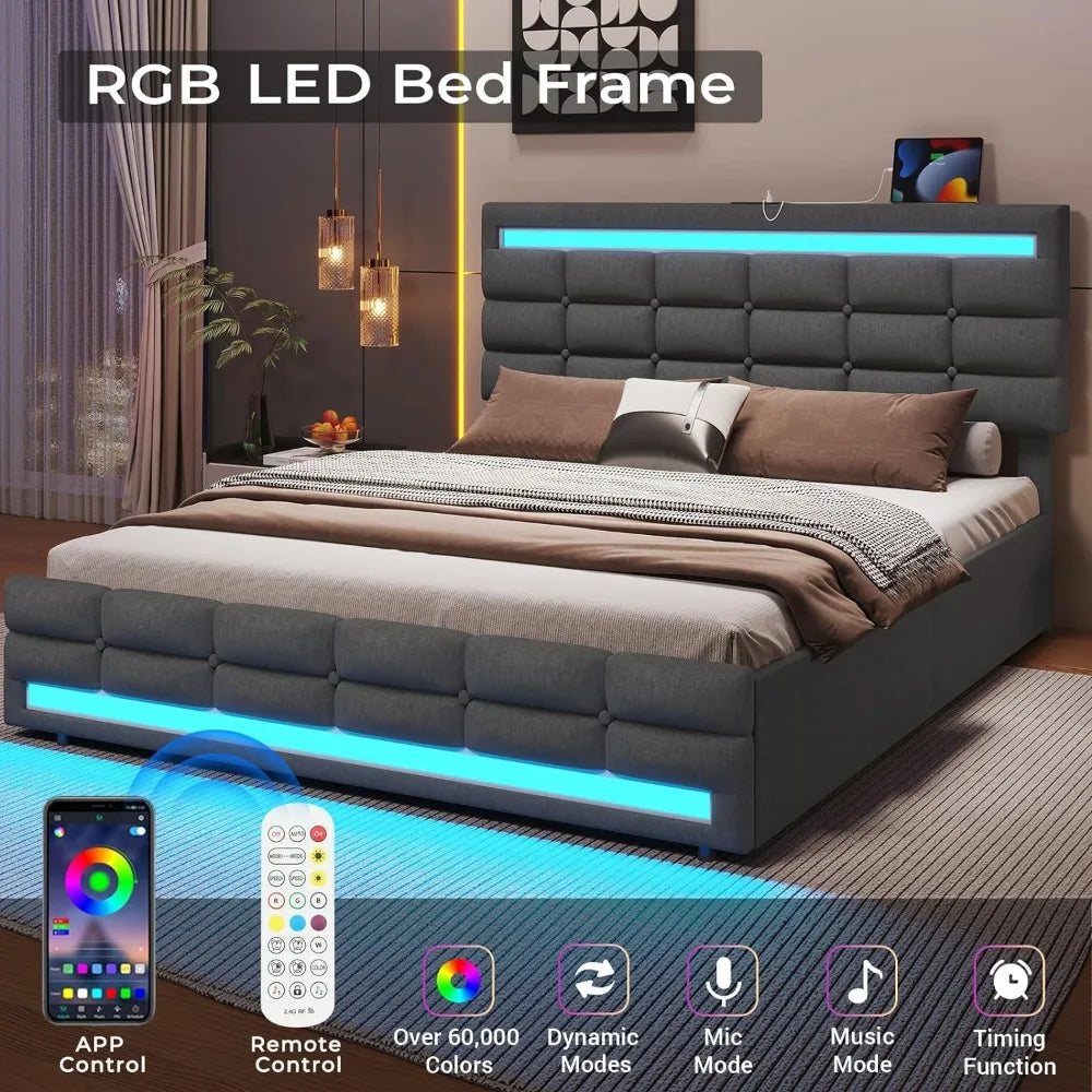 LED Bed Frame W 4 Drawers and 2 USB Charging Station, Upholstered Platform Queen Size Bed Frame W LED Lights Headboard Footboard