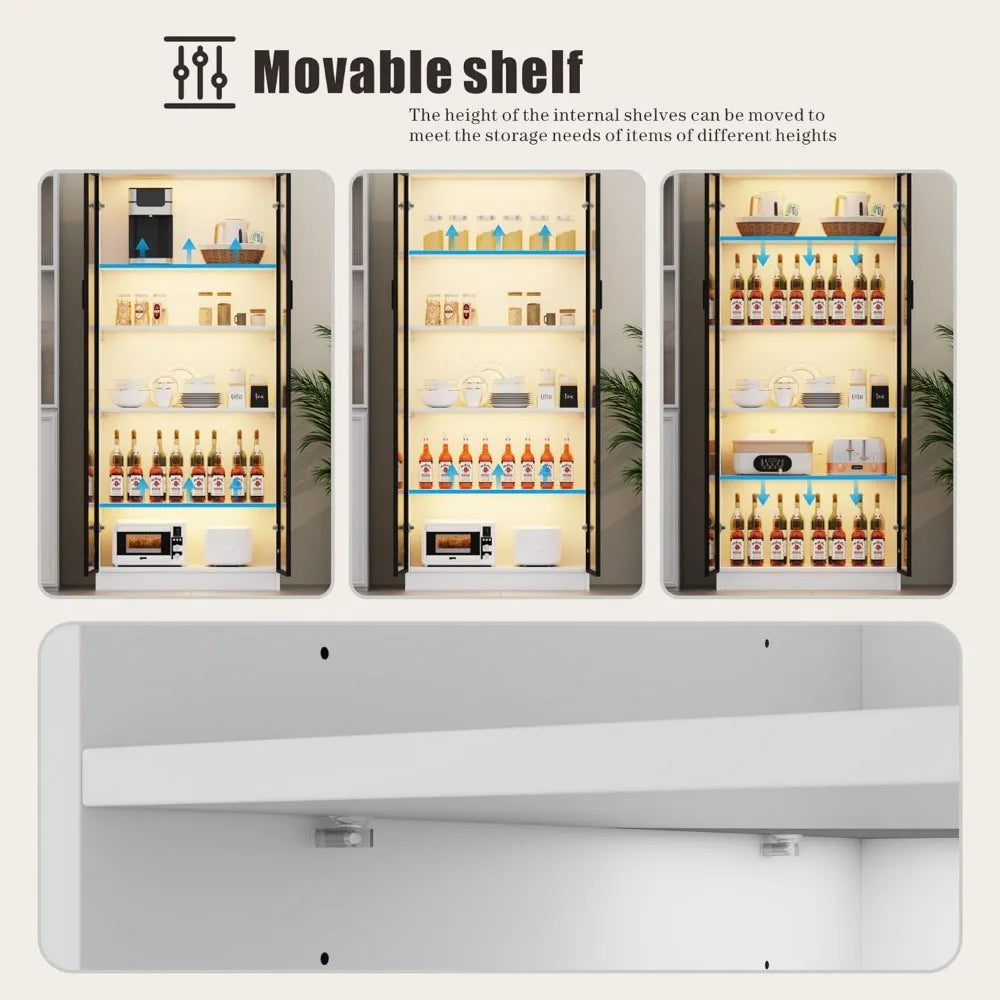 Bookcase, 65" Tall Pantry Organizer with Metal Handle/Led Lights/Human Sensor, 5 Tier Display Bookcase