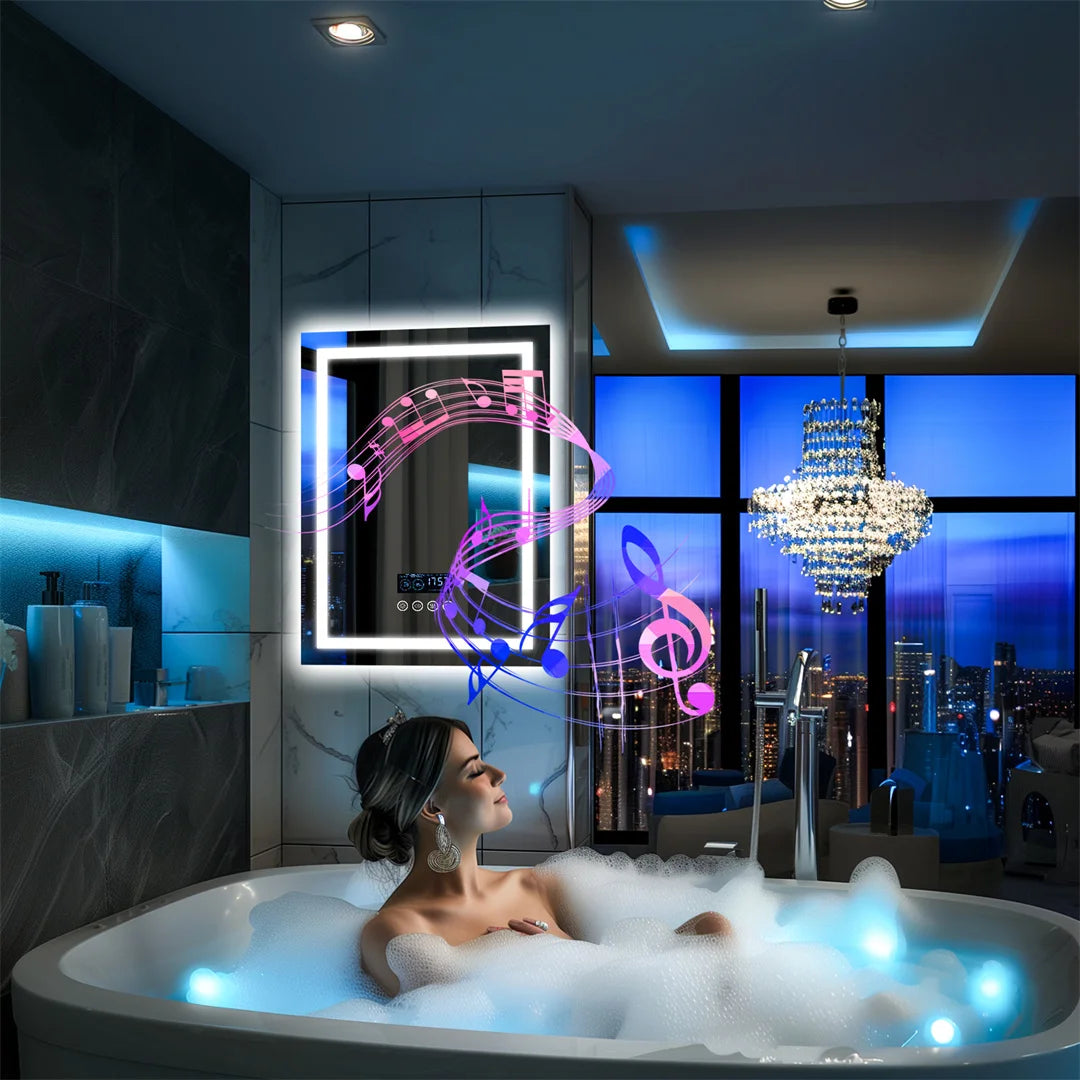 Bluetooth Bathroom Mirror Time Temperature Display Wall Hang Vanity Mirror with Bluetooth Speaker Dimmable Anti-Fog