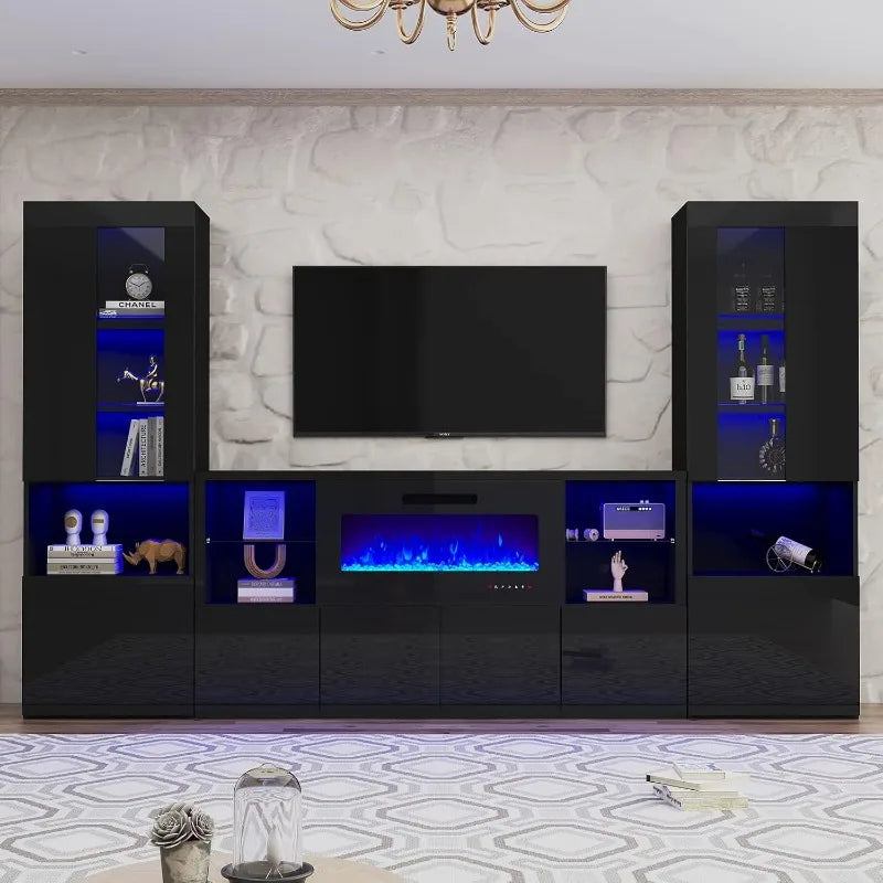 3 Piece Modern High Gloss Fireplace TV Stand + Bookcase Set ， Includes 68" TV Stand with 40" Fireplace, 2 X Bookcase with Doors
