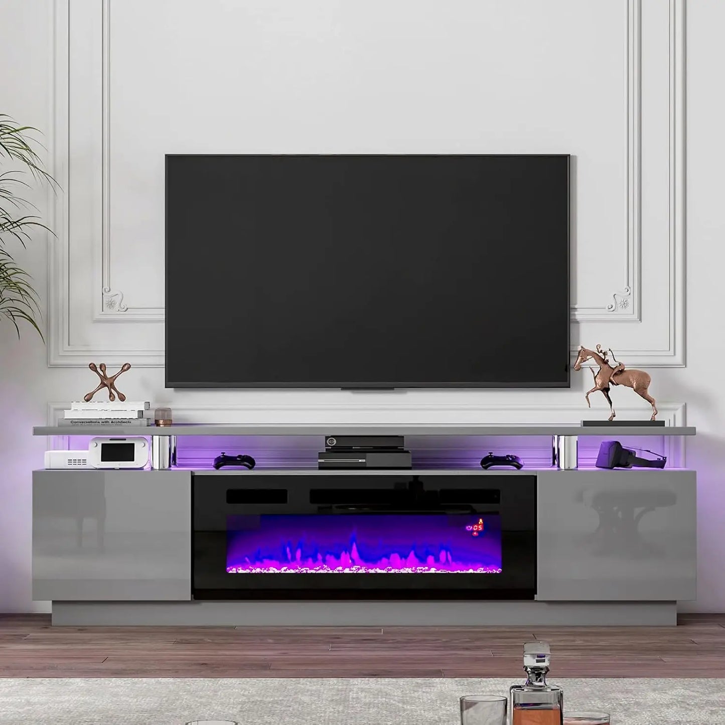 TV Stand, 80" High Gloss Media Console with 40" Electric Fireplace W/Led Lights, Open Storage Entertainment Center Holds 90" TV