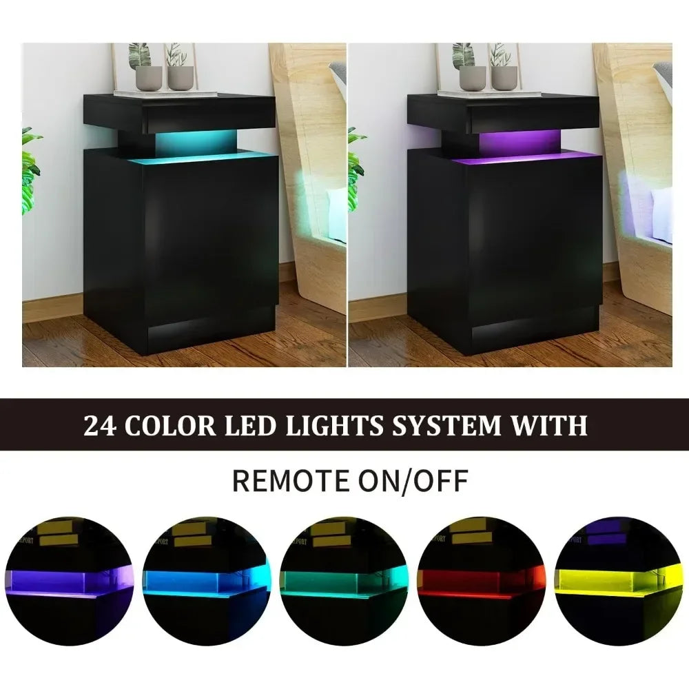 Nightstand with LED Lights,Night Stand with Storage Cabinet for Bedroom,Bedside Table with LED