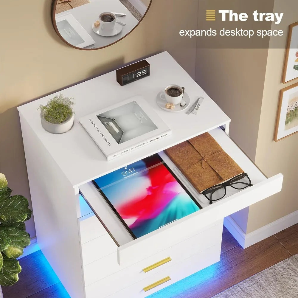White Dressing Table with LED Lights, 5 Drawers with Pull-Out Tray and Open Space, Modern High Dressing Table