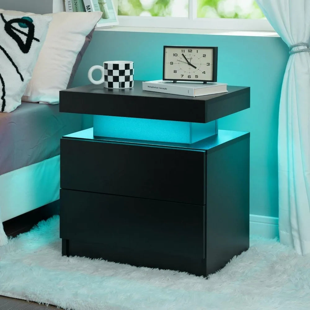 Nightstand Set of 2 LED Nightstand with 2 Drawers, Bedside Table with Drawers for Bedroom Furniture, Side Bed Table