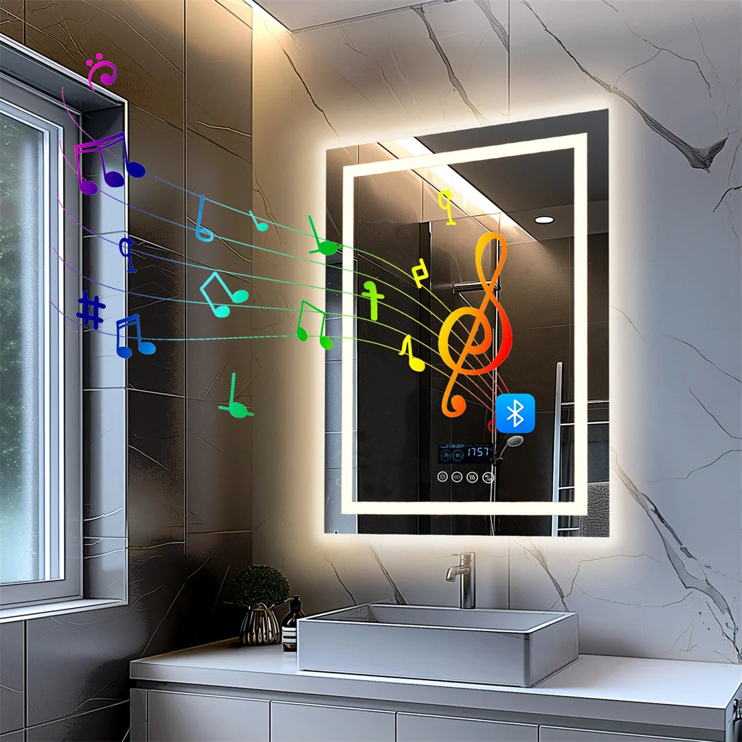 Bluetooth Bathroom Mirror Time Temperature Display Wall Hang Vanity Mirror with Bluetooth Speaker Dimmable Anti-Fog