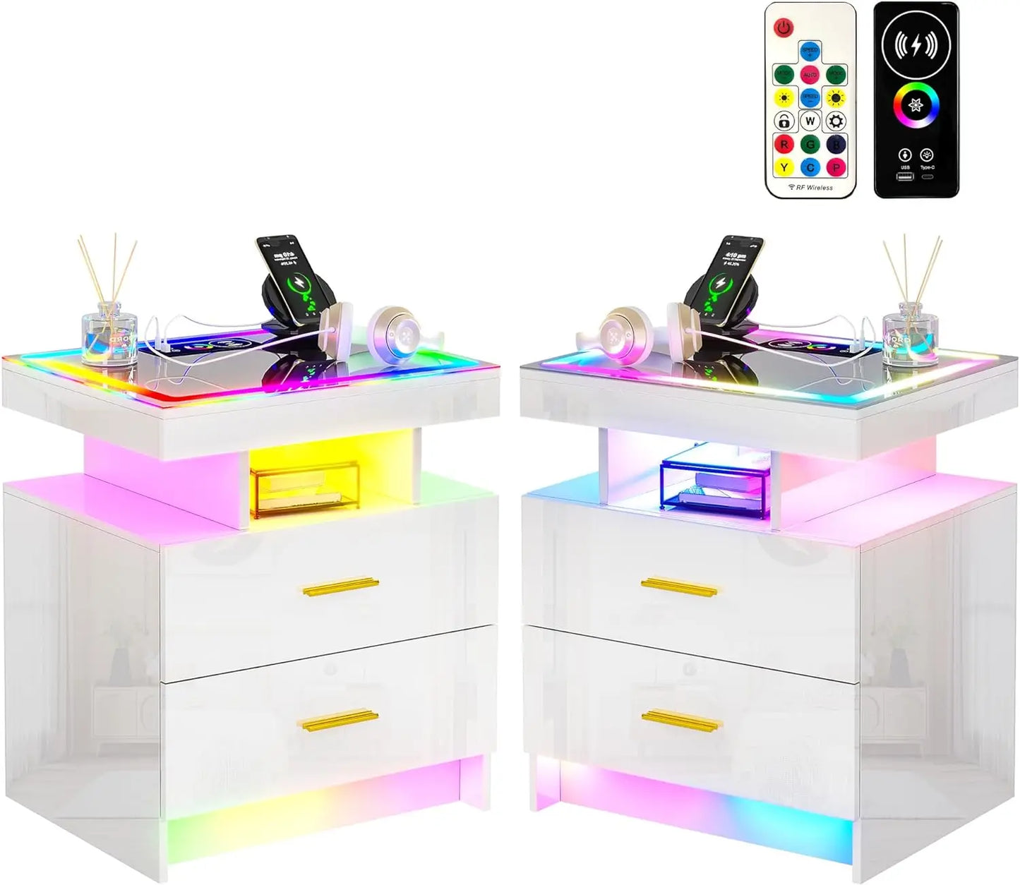 LED Nightstand Set of 2 with Wireless Charging & USB Ports, Dazzling Light, Glass Light Strip Panel, Smart RGB LED Nightstand