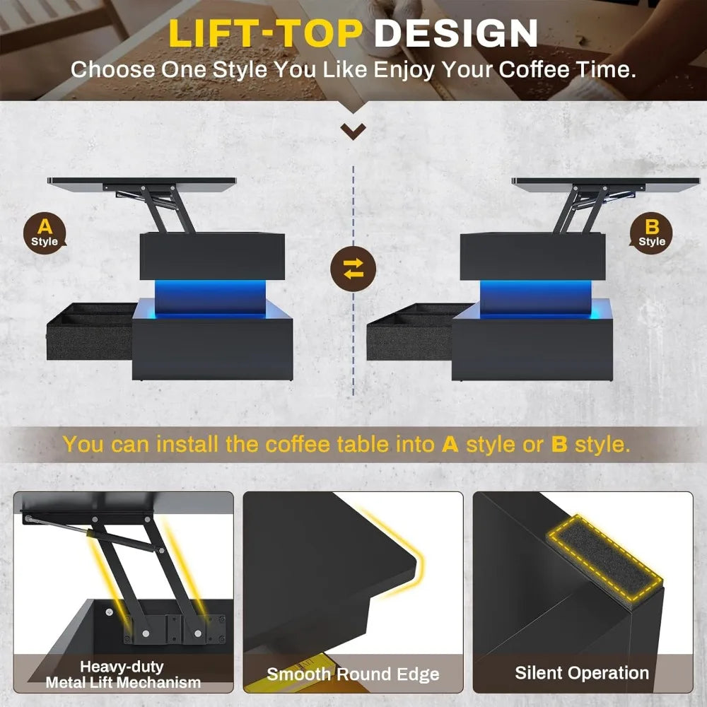 Lift Top Coffee Table, Coffee Tables with Storage for Living Room, Small Coffee Table with 2 Fabric Drawers & LED Light