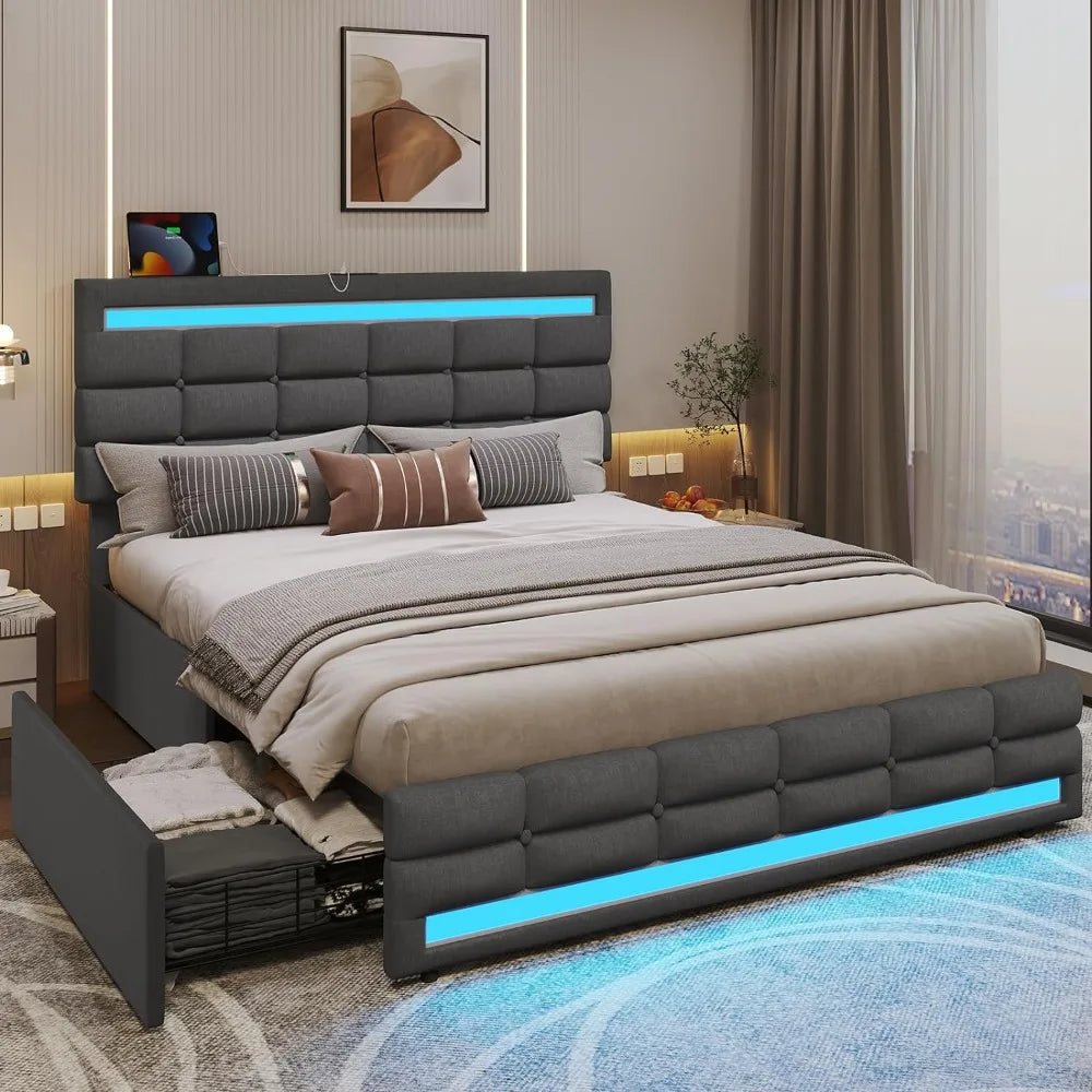 LED Bed Frame W 4 Drawers and 2 USB Charging Station, Upholstered Platform Queen Size Bed Frame W LED Lights Headboard Footboard