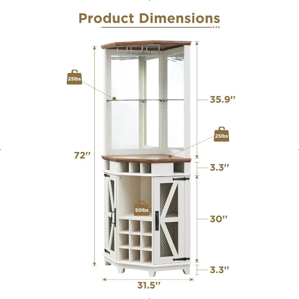 Corner Bar Storage Cabinet, 72" Tall Farmhouse,Home Bar Cabinet W/Led Light & Glass Rack for Living Room, Kitchen, Antique White